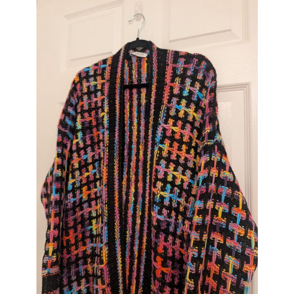 Colorful Woven Duster Coat - Open Front Longline Fringe Sweater XL Festival - Picture 3 of 10